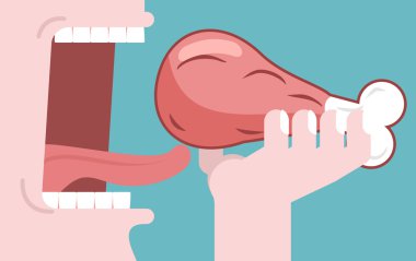 İnsan et yer. Jambon tüketimi. Kemikte domuz eti. Açık ağız ile