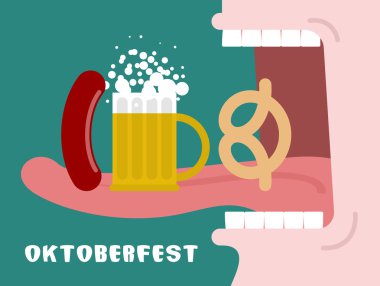 Simit, bira ve sosis yiyen adam. Geleneksel Oktoberfest fo