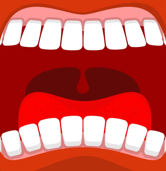 Mund auf. Rote Lippen und weiße Zähne. Zunge und Rachen — Stockvektor