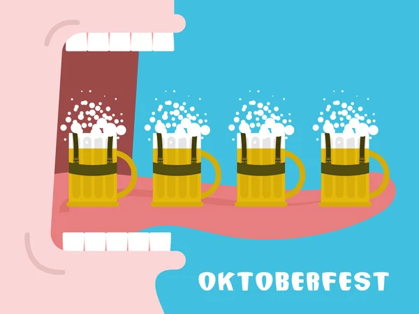 Oktoberfest poster. Drinking many mug of beer. Man drinks alcoho — Stock Vector