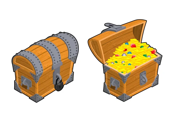 Conjunto de baús de tesouro. Caixão velho ao ar livre e interior com dinheiro. Vai. — Vetor de Stock