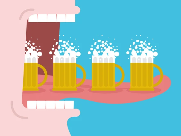 Alcoholism. Drinking many beer. Man drinks beer. Wide open mouth — Stock Vector