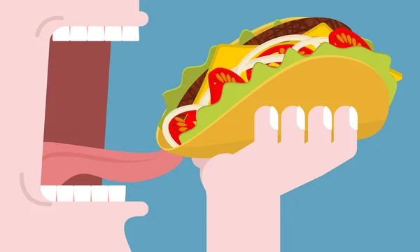 Людина їсть taco. Споживання швидкого харчування. Традиційна Мексиканська fo — стоковий вектор
