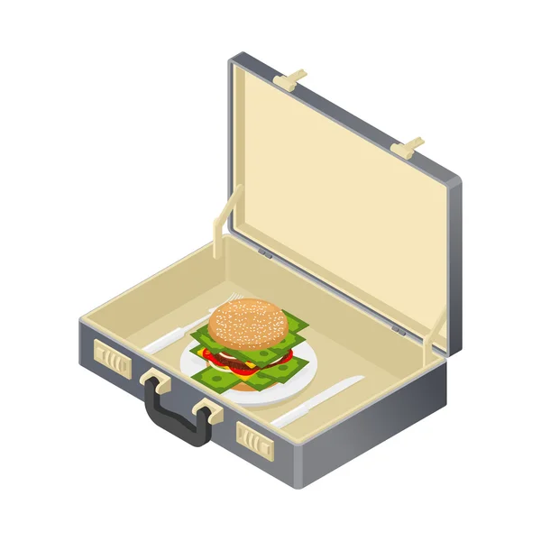 Business lunch case with hamburger and money. Suitcase with fina — Stock Vector