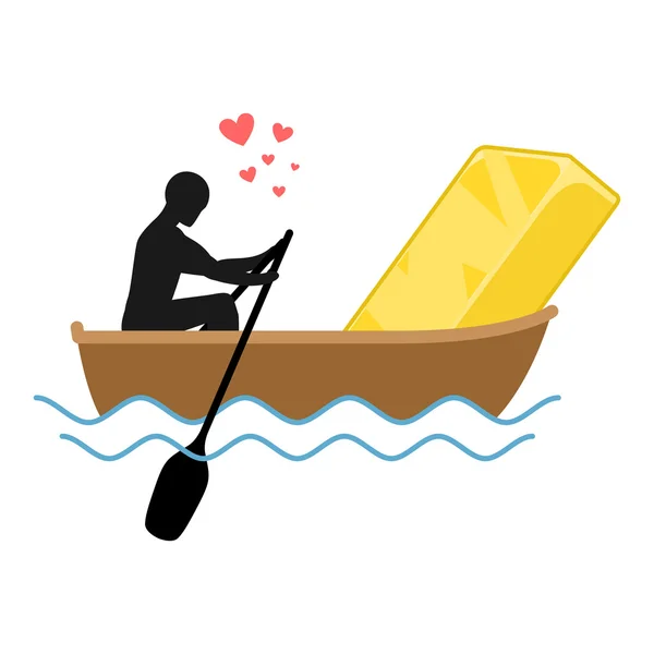 Lover gold. Man and Golden bullion and ride in boat. Lovers of s — Stock Vector