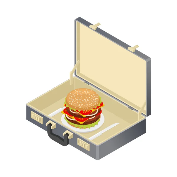 Business lunch, hamburger in case. Suitcase with fast food — Stock Vector