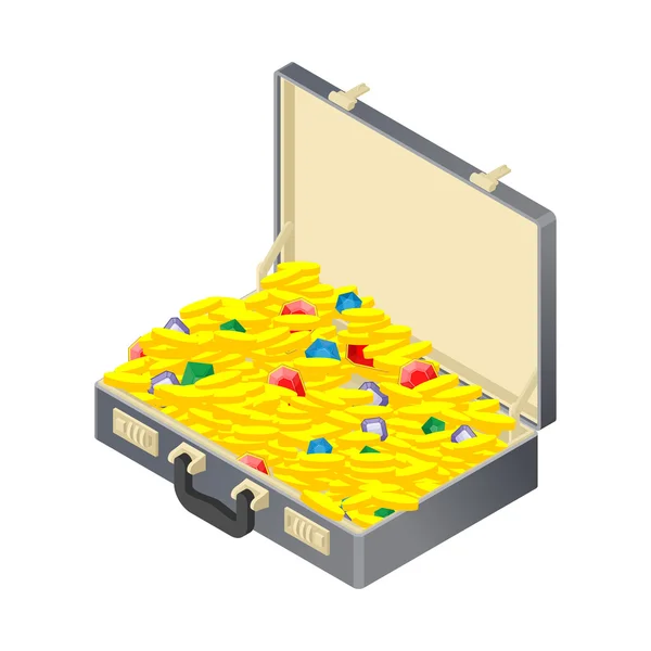 Maleta con tesoro de oro. Caja con monedas y gemas. Rubí y — Vector de stock