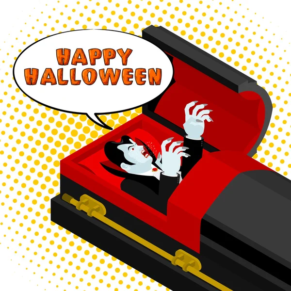 Happy Halloween Dracula screams from grave. Vampire in an open c — Stock Vector