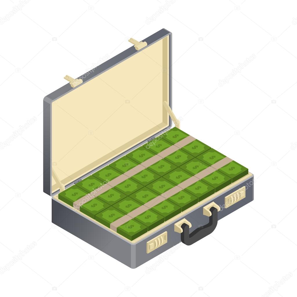 Suitcase with money Isometric. Case with cash. Suitcase with dol