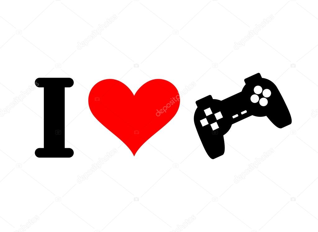 I love games. Heart and gamepad. Logo for players in console. PC