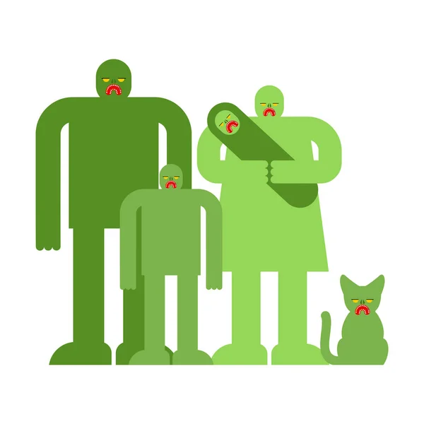 Familia Zombi Zombi Padres Hijos Monstruos Domésticos Verdes — Vector de stock