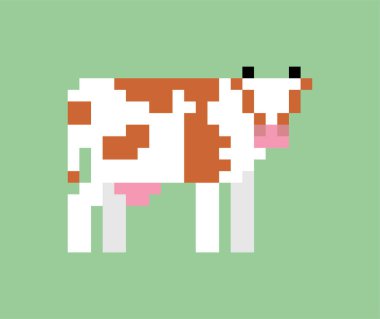 İnek piksel sanatı. 8 bit çiftlik hayvanı çizgi filmi. vektör illüstrasyonu