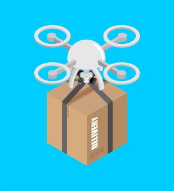 Quadcopter teslimatı. İHA ve paket. vektör illüstrasyonu