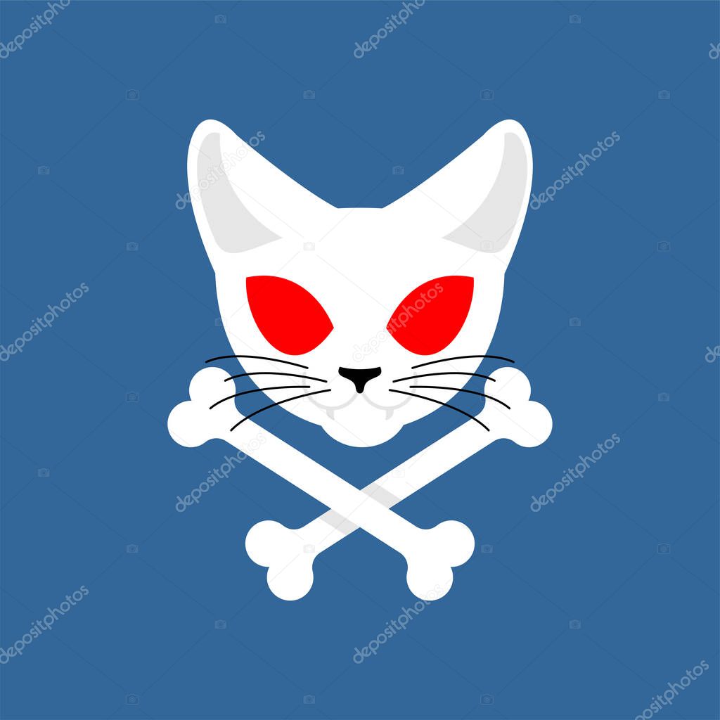 Skull cat and crossbones. Feline pirate flag. vector illustration