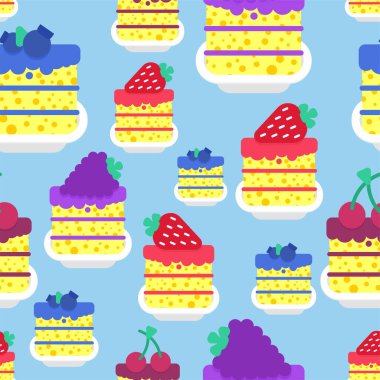 Tatlılar pürüzsüz. Kek kalıbı arka planda. Yaban mersini ve kiraz. Çilek ve böğürtlen vektör dokusu