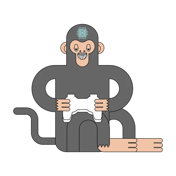 サルの脳の神経リンクチップ 猿はビデオゲームをプレイ 人工知能 サイボーグ — ストックベクタ