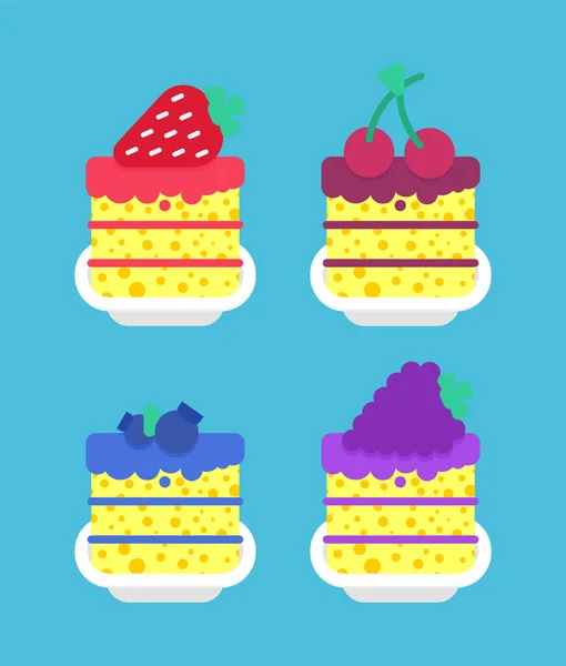 Γλυκά Που Κομμάτι Κέικ Στο Πιάτο Βατόμουρα Και Κεράσια Φράουλες — Διανυσματικό Αρχείο
