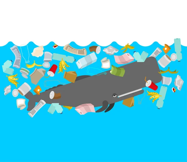 大海中的抹香鲸和垃圾土拨鼠和垃圾 海洋和环境污染概念 — 图库矢量图片