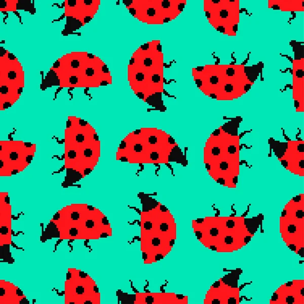 Ladybug Pixel Kunst Patroon Naadloos Bit Rode Kleine Bug Achtergrond — Stockvector