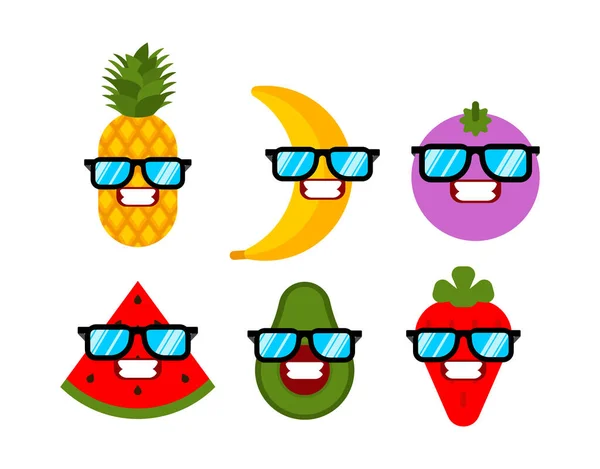 Fruits Glasses Set Fruit Cool Watermelon Banana Mangosteen Strawberries Pineapple — Stock Vector