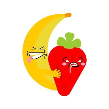 Muz ve çilekli seks. Meyveli ilişki. Meyve üretimi. vektör illüstrasyonu