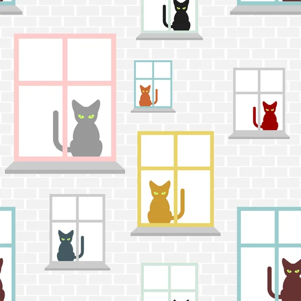 Katt Fönstermönster Sömlöst Sällskapsdjur Bakgrund Vektorstruktur — Stock vektor