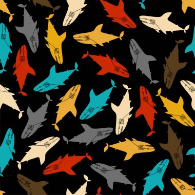 Köpekbalığı çizgi film desenleri kusursuz. Deniz yırtıcısı geçmişi. Büyük balık canavar dokusu. Bebek kumaşı süsü.