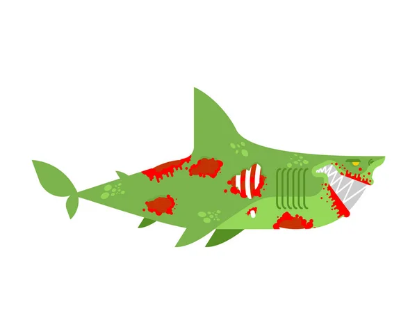 Zombie Shark Isolated Sea Predator Dead Green Monster Fish — Stock Vector