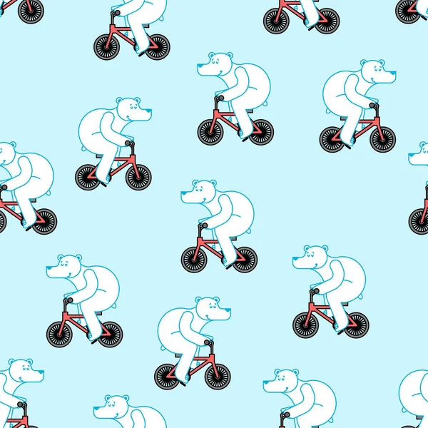 シームレスに自転車のパターンに極熊 獣は自転車の背景に乗っている 漫画の子供たちのテクスチャ ベビー生地の飾り — ストックベクタ
