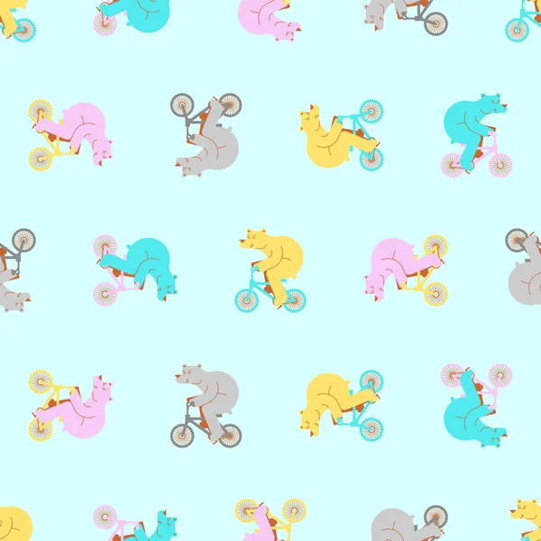 对自行车样式的影响是无缝的 野兽骑自行车的背景 婴儿用品质地 卡通儿童的装饰品 — 图库矢量图片