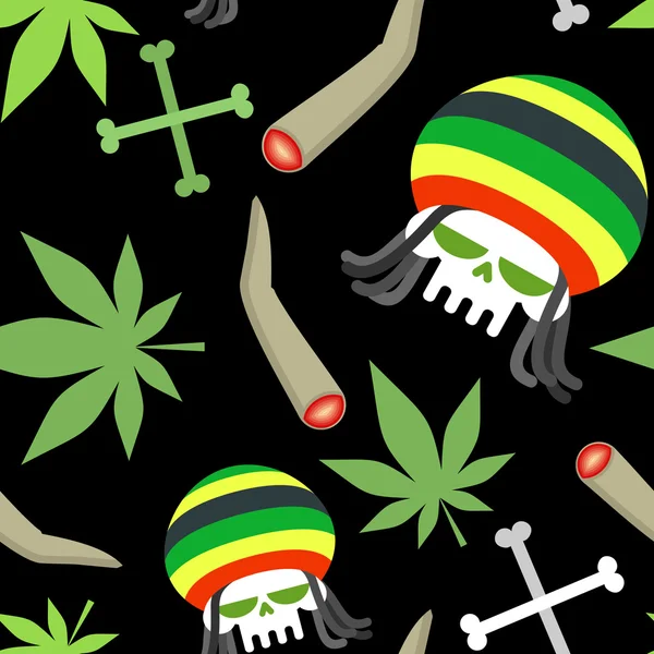 Rasta pattern. Seamless background from marihuanny and skull. Sm — Stockvector