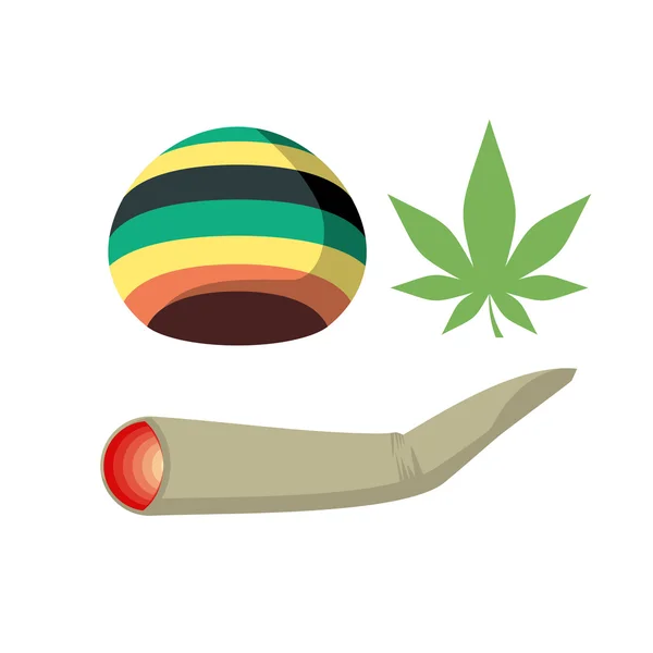Conjunto Jamaica drogadicto. Rasta CAP, spliff y hoja de cannabis. Ve. — Archivo Imágenes Vectoriales
