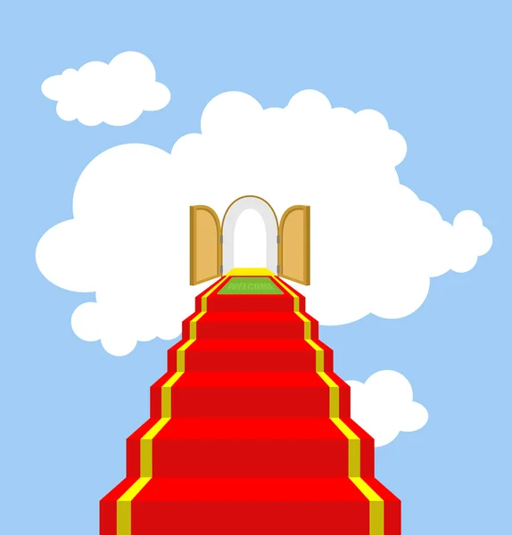 Open gates of paradise. Ladder into clouds. Degree in sky. Red c — Stock Vector