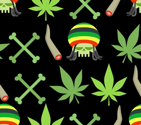 Jamaica drugs seamless pattern. Rasta skull and leaf cannabis. S — Stock Vector