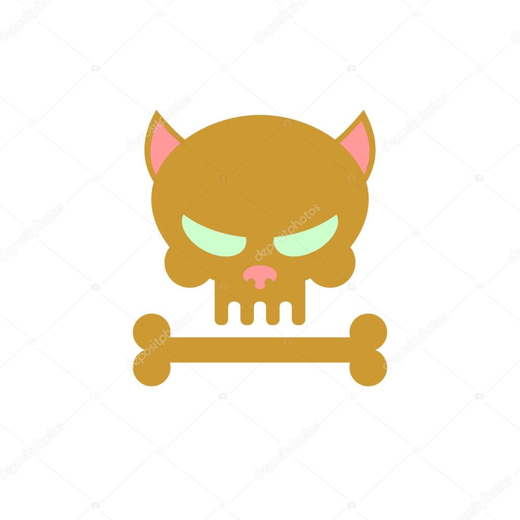 Cat skull with bones. Head skeleton of a kitty. Logo, emblem for Halloween. Brown skull pet