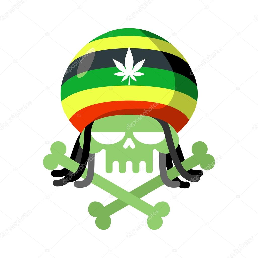 Rasta skull with dreadlocks and Rasta Cap. Green head skeleton with bones. Logo for Halloween. Emblem for drugs fla