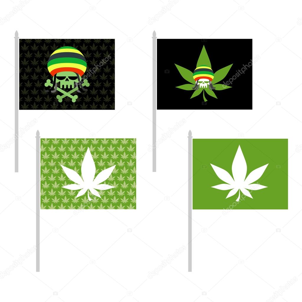 Rasta flags set. Banner for addicts of Jamaica. Green Skull and 