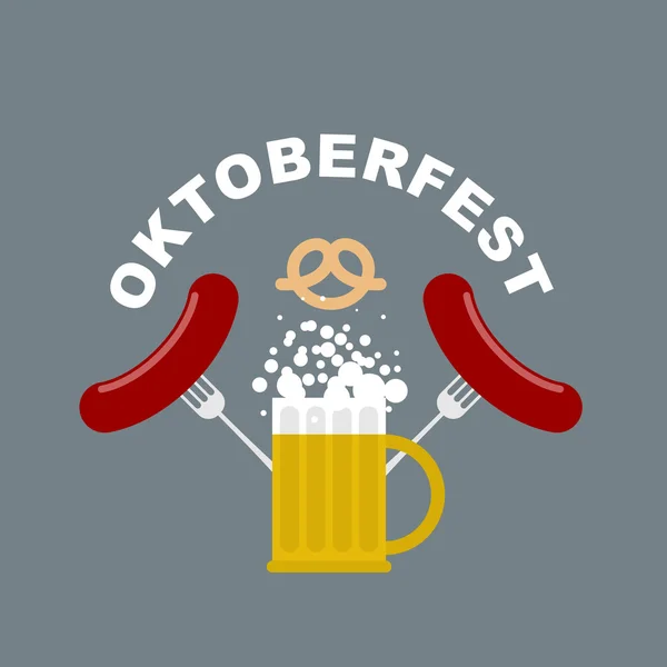 Logo Oktoberfest. Tasse à bière avec mousse. Saucisses frites et fourchette . — Image vectorielle