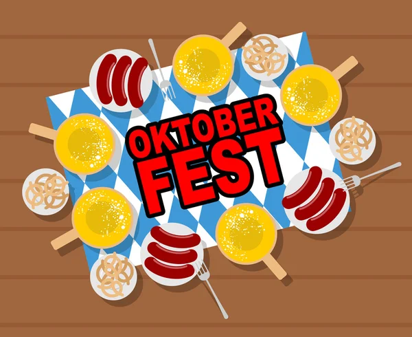 Oktoberfest: beer and sausages. Pretzels and grilled sausages on — Stok Vektör