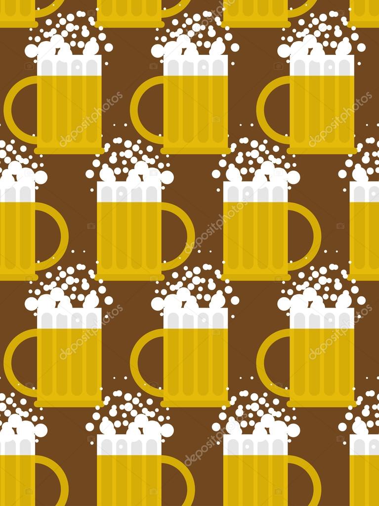Beer seamless pattern. Beer mug vector background. Mug with foam