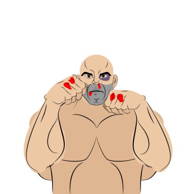 Fighter with a bruise and blood. Beaten man defends himself. Fig
