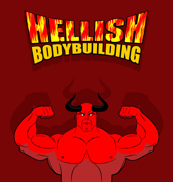 Hellish bodybuilding. Satan with big muscles. Fitness in hell. S