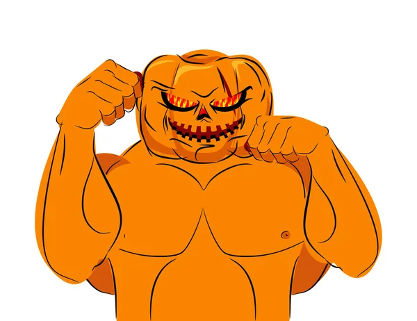 Pumpkin tempur yang kuat siap untuk pertempuran. Kecerdasan karakter Halloween - Stok Vektor