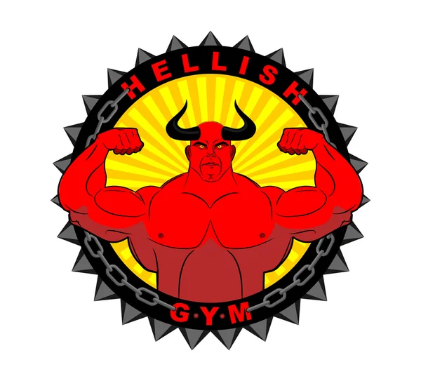 Gimnasio infernal. Emblema de la sala de fitness. Logo poderoso cuerpo del diablo — Vector de stock
