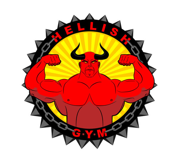 Hellish gym. Emblem for the fitness room. Logo mighty Devil body