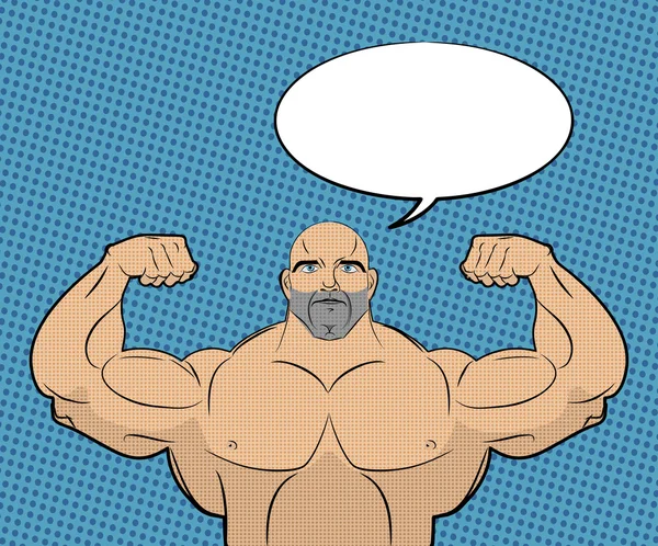 Bodybuilder with big muscles and bubble. People in style of pop — Stock vektor