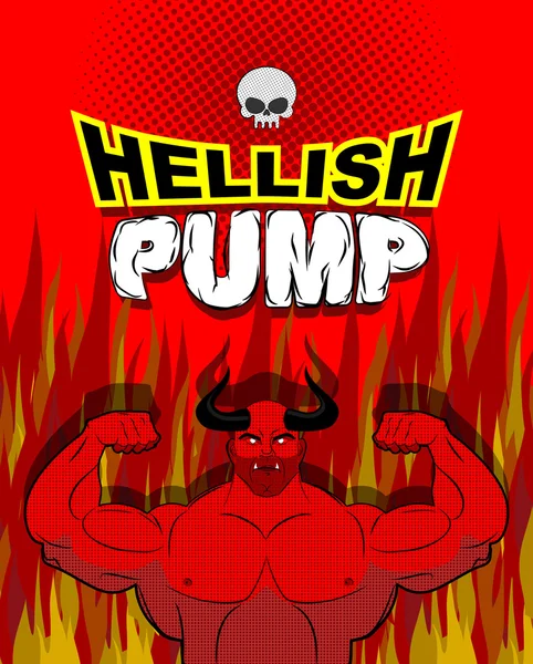 Hellish pump. Satan bodybuilder with huge muscles. Workout with — Stock Vector