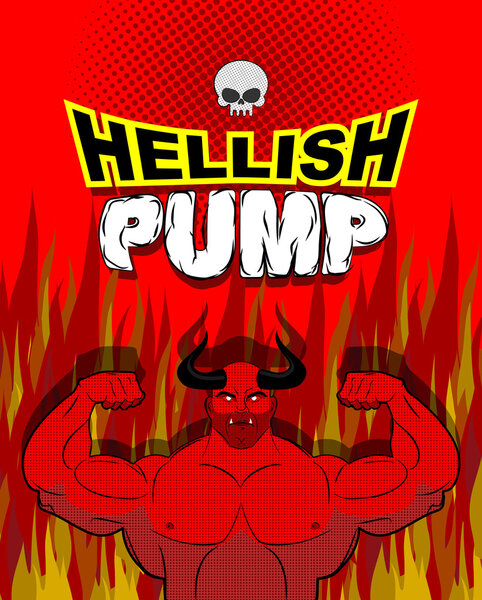 Hellish pump. Satan bodybuilder with huge muscles. Workout with 