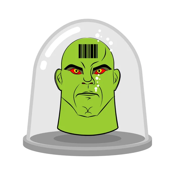 Head of alien in glass jar for experiments. Green humanoid with — Διανυσματικό Αρχείο