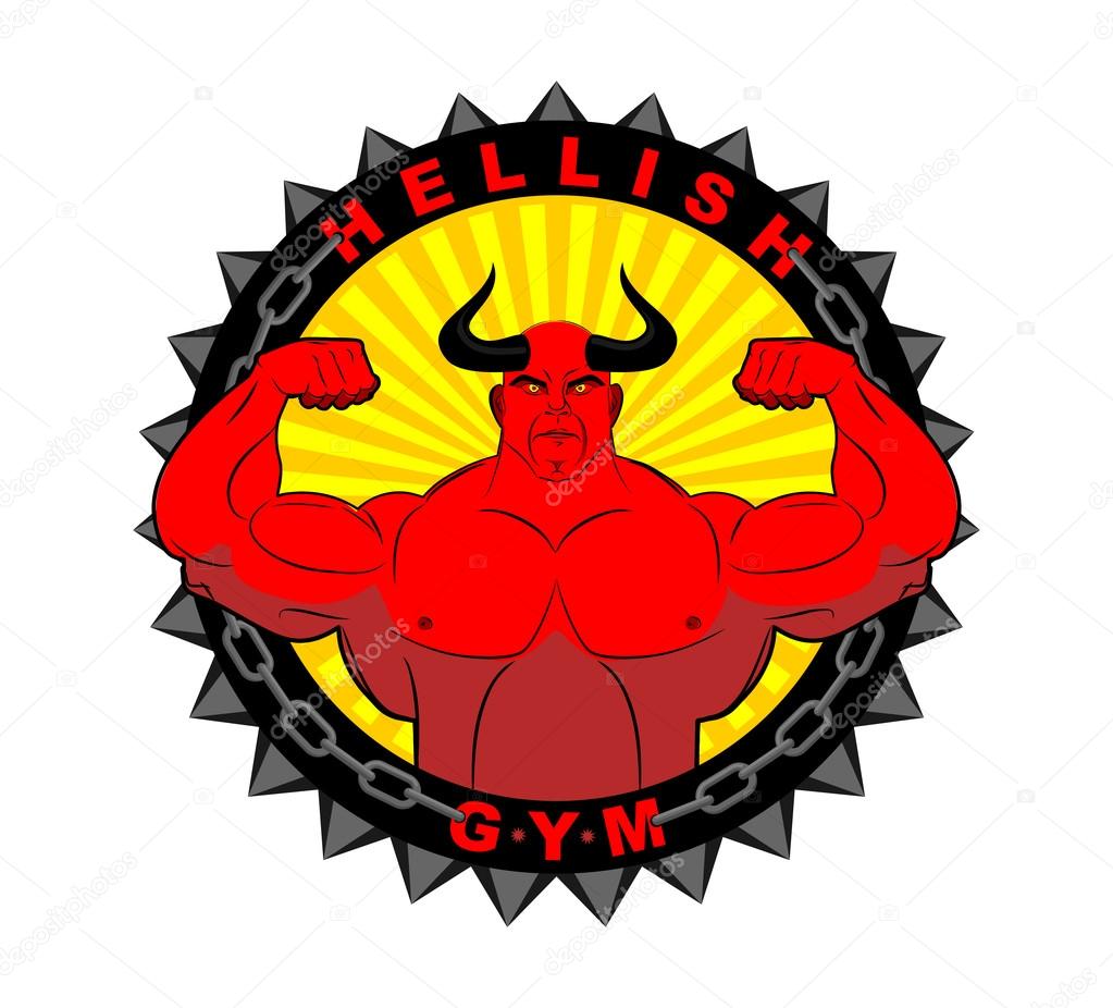Hellish gym. Emblem for the fitness room. Logo mighty Devil bodybuilder. Red Satan with huge muscles. Sport Demon Athlete shows pose a double biceps. Emblem of  gym with spikes and chains.